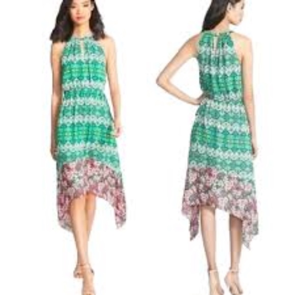 BCBGMAXAZRIA Keelie Floral Print Midi Dress Sleeveless Halter High Low Hem Sz. L - Picture 1 of 16